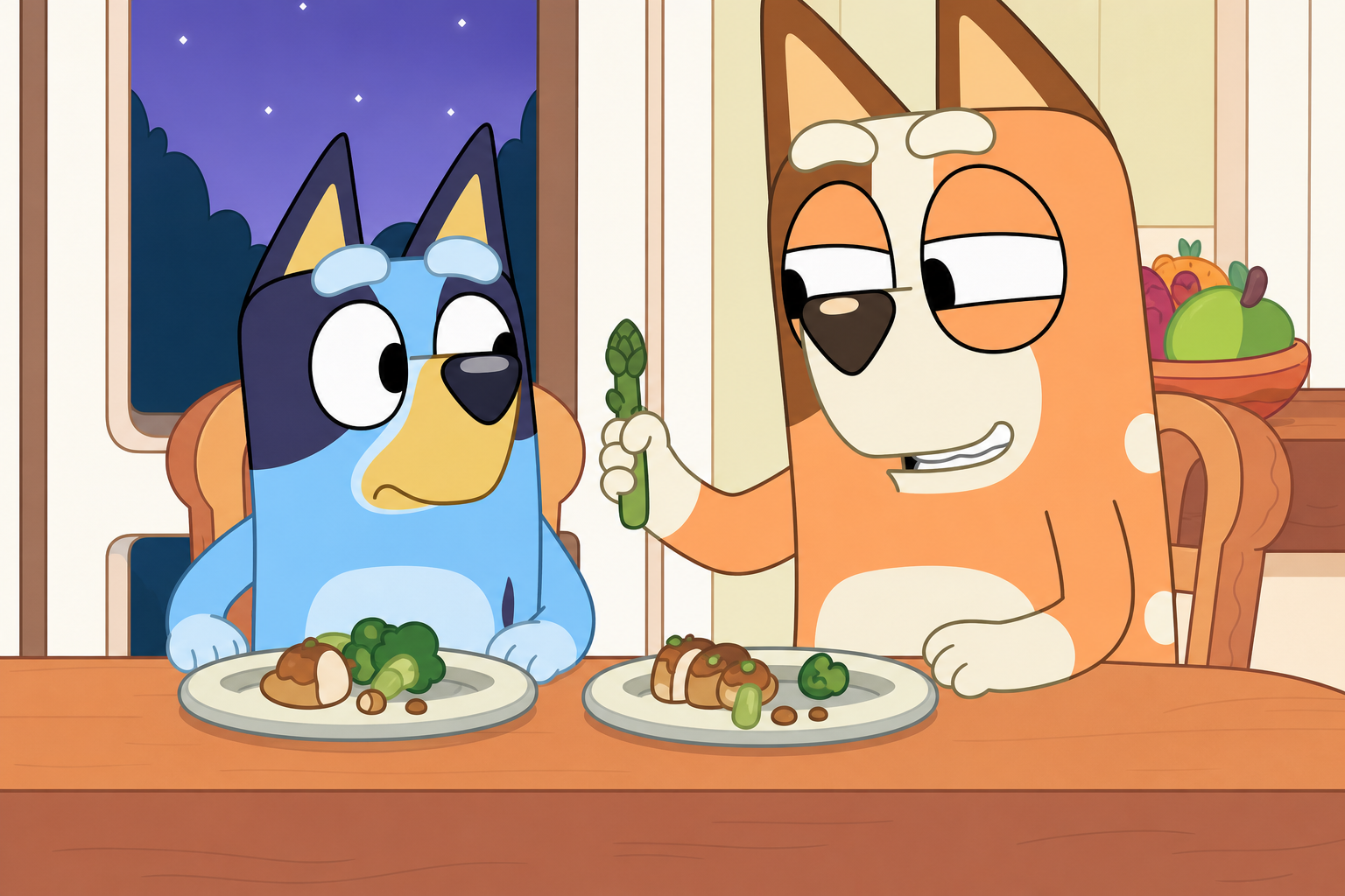 Mum gives Bluey an asparagus spear